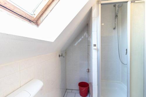 a white bathroom with a shower and a toilet at Wohnung mit 3 Bädern & 2 Küchen in Alzey