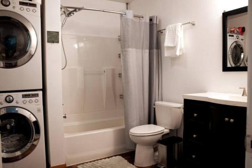 a bathroom with a shower and a toilet and a washer at Ocean & Mountain View Home, near Downtown Juneau in Juneau