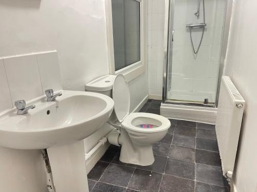 a bathroom with a sink and a toilet and a shower at Hometel Nice Comfy Apartment Can Sleep 9 in Leicester