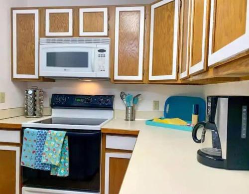 a kitchen with a stove and a microwave at Lovely Condo Across from Downtown w/ Mountain View in Juneau