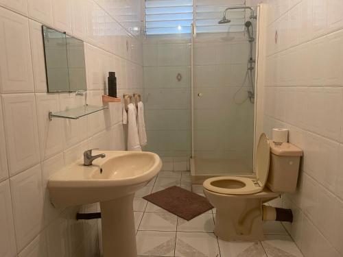 La salle de bains blanche est pourvue de toilettes et d'un lavabo. dans l'établissement location pour la famille, à Sainte-Anne