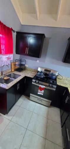a kitchen with a stove and a sink at Finest Accommodation 75 Blossom, The Orchards innswood St Catherine in Spanish Town