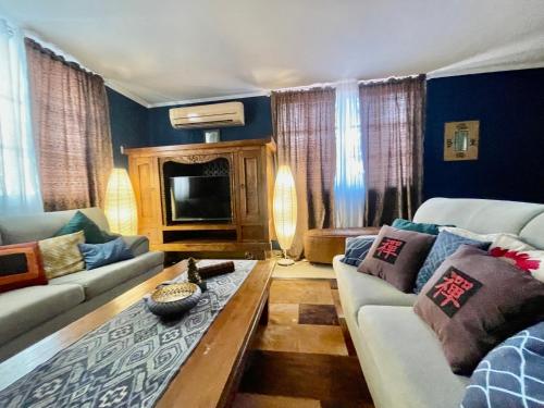 ein Wohnzimmer mit einem Sofa und einem Tisch in der Unterkunft ORHO near to Tornillo Tower in Panama-Stadt