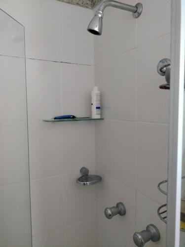 uma casa de banho com chuveiro e cabeça de chuveiro em Apato Recreio no Rio de Janeiro