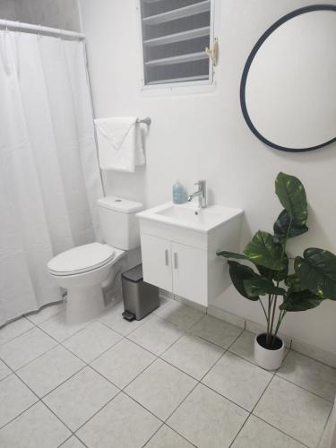 a bathroom with a toilet and a sink and a mirror at San Juan apartments new in San Juan