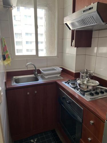 a kitchen with a stove and a sink and a window at Cómodo departamento en el centro de Santiago in Santiago