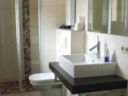 ein Badezimmer mit einem weißen Waschbecken und einem WC in der Unterkunft Ferienhaus in Bartelshagen II in Hessenburg