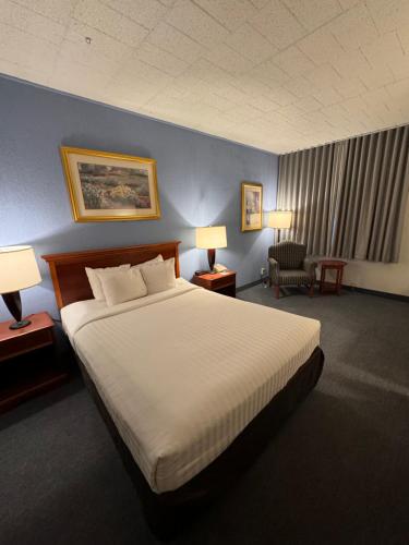 弗雷德里克的住宿－弗雷德里克活動中心克拉麗奧酒店，一间卧室配有一张床、两盏灯和一把椅子