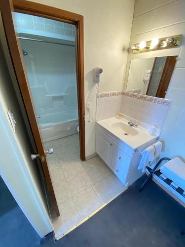 a bathroom with a sink and a shower and a mirror at Bavarian Inn in Bruce Mines