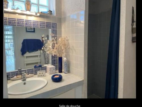 une salle de bain avec un lavabo et un miroir dans l'établissement Maison de vacances proche plage, environnement boisé, bien équipée et confortable - FR-1-22-349, à La Tranche-sur-Mer