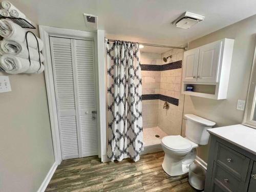 a small bathroom with a toilet and a shower at Relax in Privacy in 2BR Beauty w/ Fire Pit & Grill in Greensboro