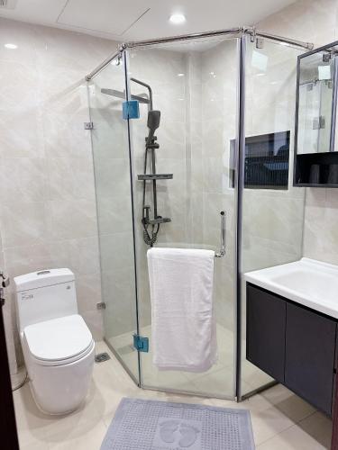 La salle de bains est pourvue d'une douche, de toilettes et d'un lavabo. dans l'établissement TINH ANH HOME, à Hanoï