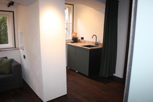 uma cozinha com um lavatório e uma bancada em Altstadt Apartment Melk em Melk