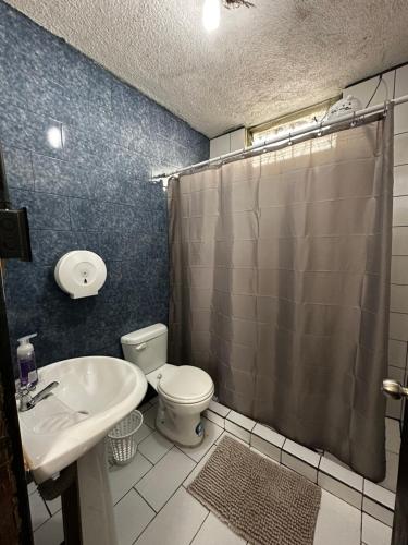 グアテマラシティにあるCASA MAGNOLIAのトイレ、洗面台、シャワー付きのバスルーム