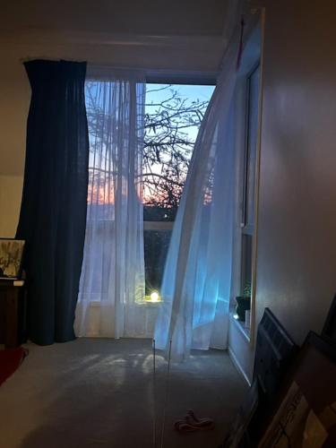 a bedroom with a window with a view of a sunset at Brisbane Traveler's nature home in Moggill