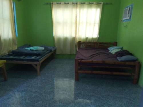 two beds in a room with green walls at Angel's Homestay 