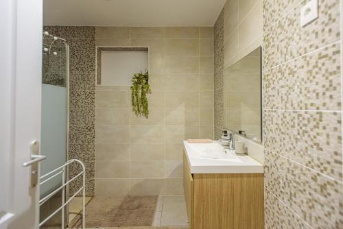 a bathroom with a sink and a shower at Mélo Appart avec sa terrasse spacieuse et vue entre Mer & montagne in Sainte-Marie