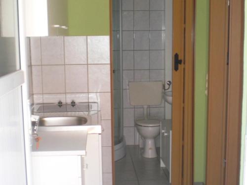 a small bathroom with a sink and a toilet at Ferienwohnung Neuendorf in Neuendorf