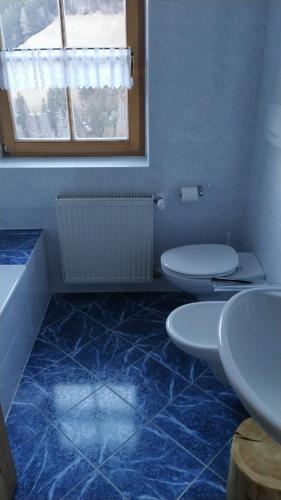 uma casa de banho com 2 WC e piso em azulejo azul em Groneshof em Longega