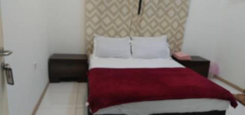 ein Schlafzimmer mit einem Bett mit einer roten Decke in der Unterkunft BaniS Homestay in Shah Alam