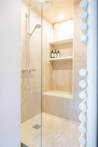 une douche avec une porte vitrée dans une salle de bain dans l'établissement Appart with Garden - 15 min from Eiffel Tower, à Boulogne-Billancourt