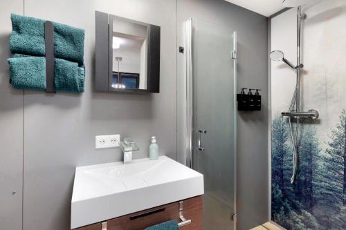 ein Badezimmer mit einem weißen Waschbecken und einer Dusche in der Unterkunft Schwarzwald Chalet Achern in Achern