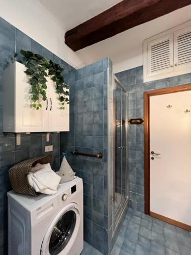 y baño con ducha y lavadora. en LaMarina, en Camogli