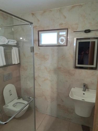 een badkamer met een douche, een toilet en een wastafel bij HILLOCK BUNGALOW KUTTIKKANAM in Idukki