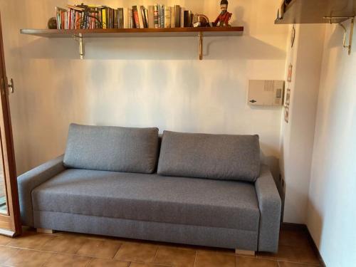 a gray couch in a room with books on a shelf at Oasi di serenità in Fregene