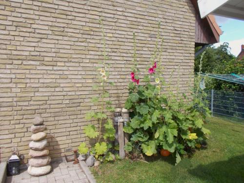 a garden with a brick wall and some plants at Ruthenberg in Kronsgaard- gemütliche Ferienwohnungen, 1700m vom Ostseestrand entfernt in Kronsgaard