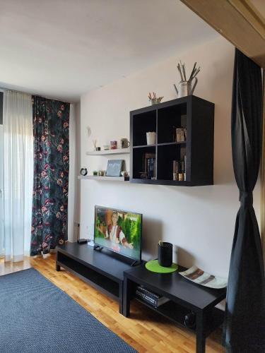 a living room with a flat screen tv on a table at Sunny Central Apartment in Sofia