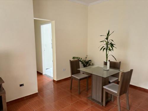 a dining room with a table and chairs and a plant at Hostel do mineiro in São José dos Campos