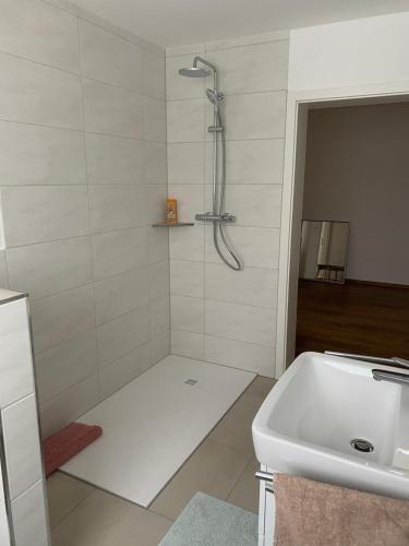 a white bathroom with a shower and a sink at Ferienwohnung Landhege in Michelfeld