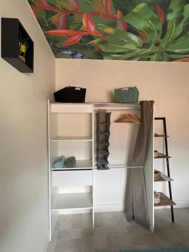 une étagère blanche dans une pièce avec un tableau dans l'établissement St Bruno - Studio Tropiques , à Grenoble