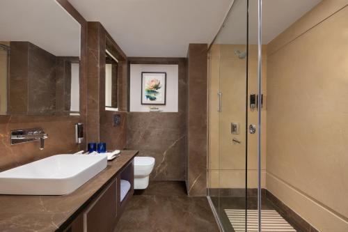 Fortune Park Aligarh-Member ITC's hotel group في عليكره: حمام مع حوض ومرحاض ودش