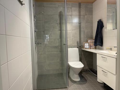 La salle de bains est pourvue d'une douche, de toilettes et d'un lavabo. dans l'établissement Uusi kaksio Kaarinan keskustassa, à Kaarina
