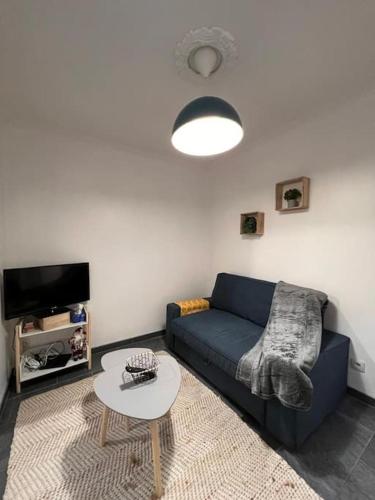ein Wohnzimmer mit einem blauen Sofa und einem Tisch in der Unterkunft Charmant appartement - terrasse in LʼÎle-Saint-Denis