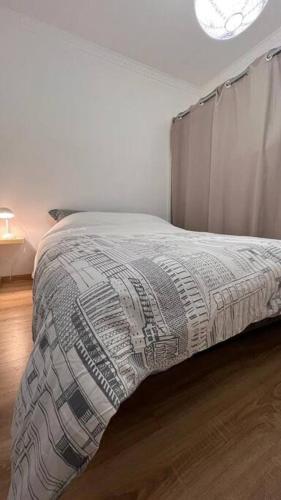ein Schlafzimmer mit einem Bett mit einer Decke darauf in der Unterkunft Charmant appartement - terrasse in LʼÎle-Saint-Denis