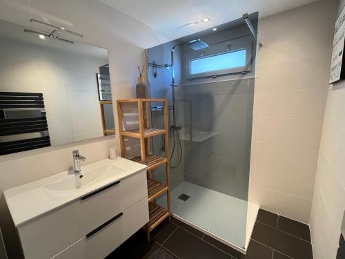 une salle de bain avec un lavabo et une douche dans l'établissement Appartement Candia Ajaccio, à Ajaccio