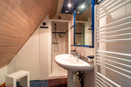 La salle de bains est pourvue d'un lavabo et d'une douche. dans l'établissement Langlazic - Maison 3 chambres avec jardin, à Clohars-Carnoët
