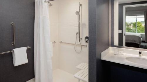 a bathroom with a shower and a sink and a toilet at Residence Inn by Marriott Detroit Farmington Hills in Farmington Hills