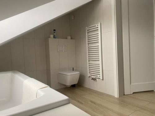 een witte badkamer met een toilet en een wastafel bij Dom przy stoku 2 in Bałtów