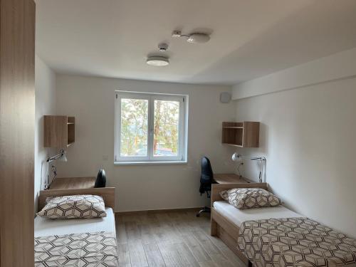 um quarto com duas camas e uma janela em Prenočišča Prisoje em Koper