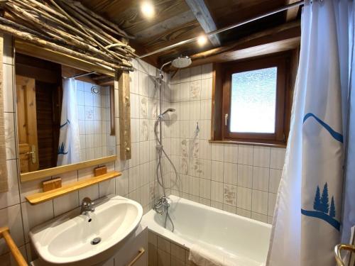 ラ・ブレスにあるLE RENNE Chalet en bois au calme avec SPA Jacuzziのバスルーム(シンク、バスタブ、鏡付)