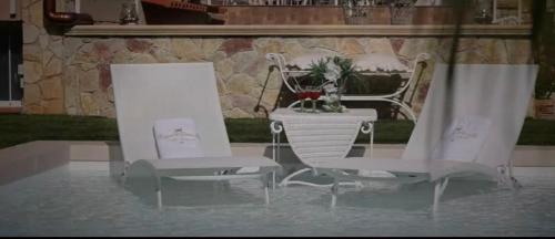 巴勒摩的住宿－Villa laura，两把白色的椅子和一张桌子,上面有植物