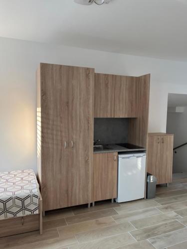 eine Küche mit Holzschränken, einer Spüle und einem Kühlschrank in der Unterkunft Prenočišča Prisoje in Koper
