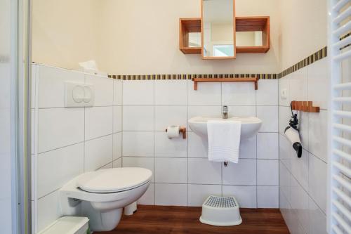 a white bathroom with a toilet and a sink at Ferienhof Büdlfarm - West in Sahrensdorf