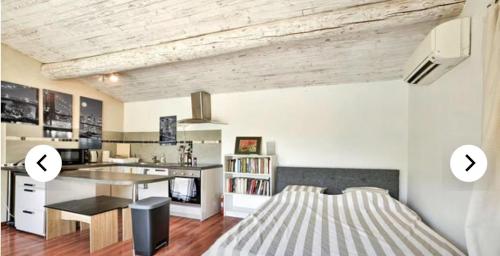 une chambre avec un lit et une cuisine avec un comptoir dans l'établissement Agréable Studio indépendant de 30m2, à Avignon