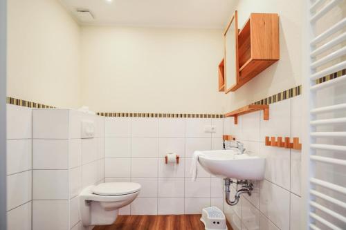 a white bathroom with a toilet and a sink at Ferienhof Büdlfarm - Nord in Sahrensdorf