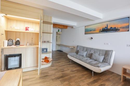 a living room with a couch and a fireplace at Jazz Bled B&B in Bled